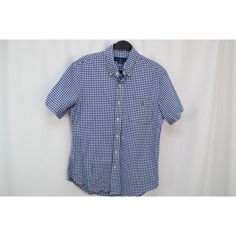 Ralph Lauren Mens Slim Fit Short Sleeve Gingham Plaid Button Down Shirt Blue L